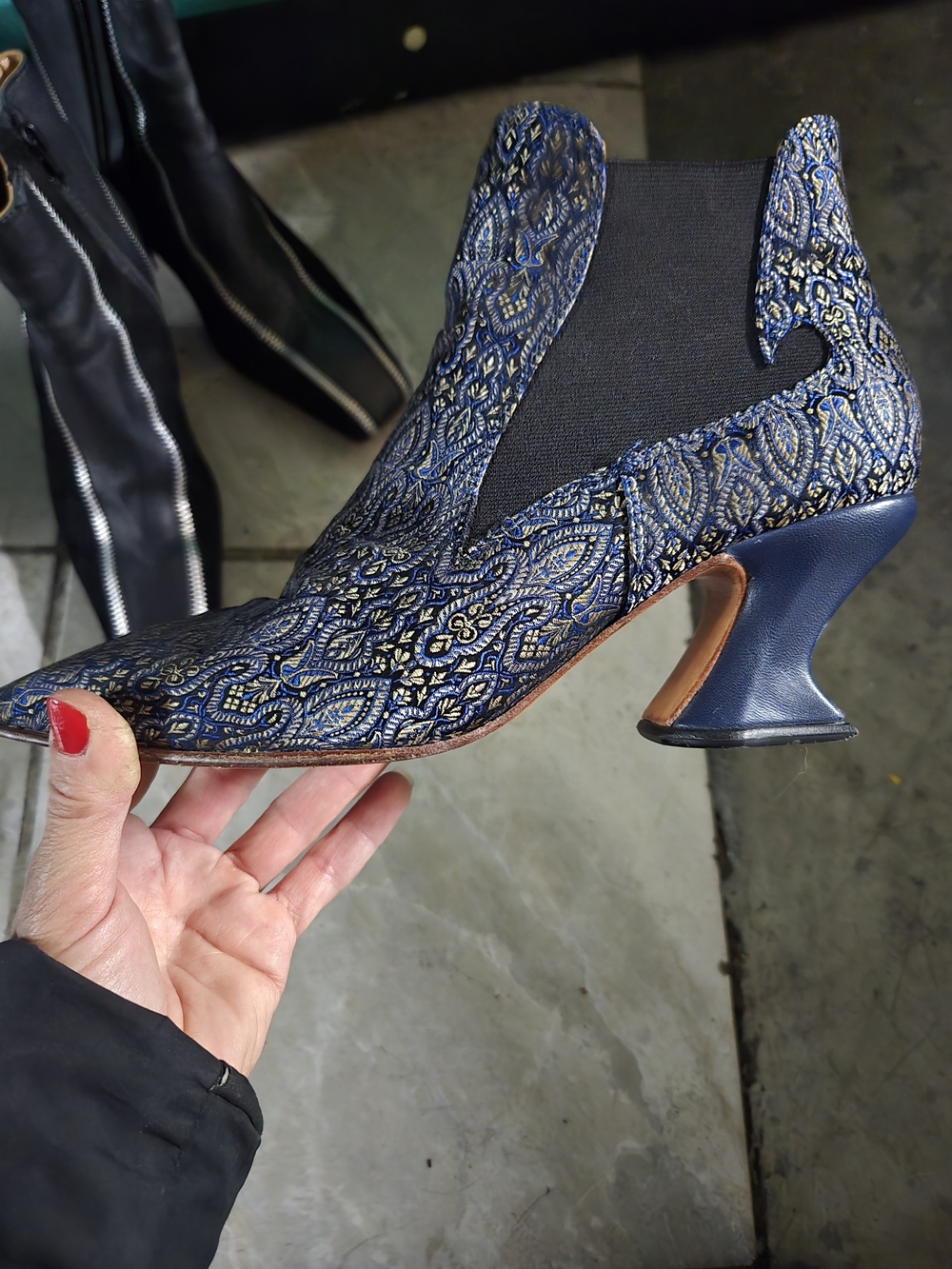 Women's Blue Brocade Sculpted Mid Heel Slip-On